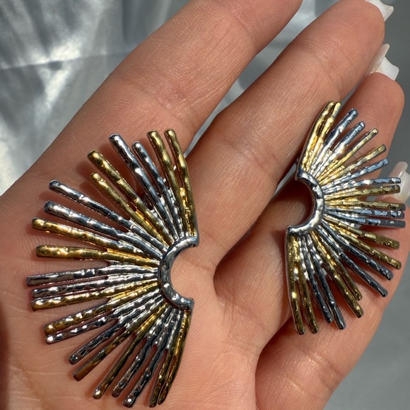 Anthropologie 18K Gold Stainless Steel Silver Sunburst Earrings - Picture 8 of 8